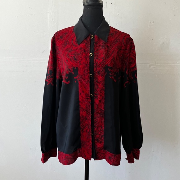 Leslie Fay red and black, long sleeve button down shirt - Picture 14 of 15